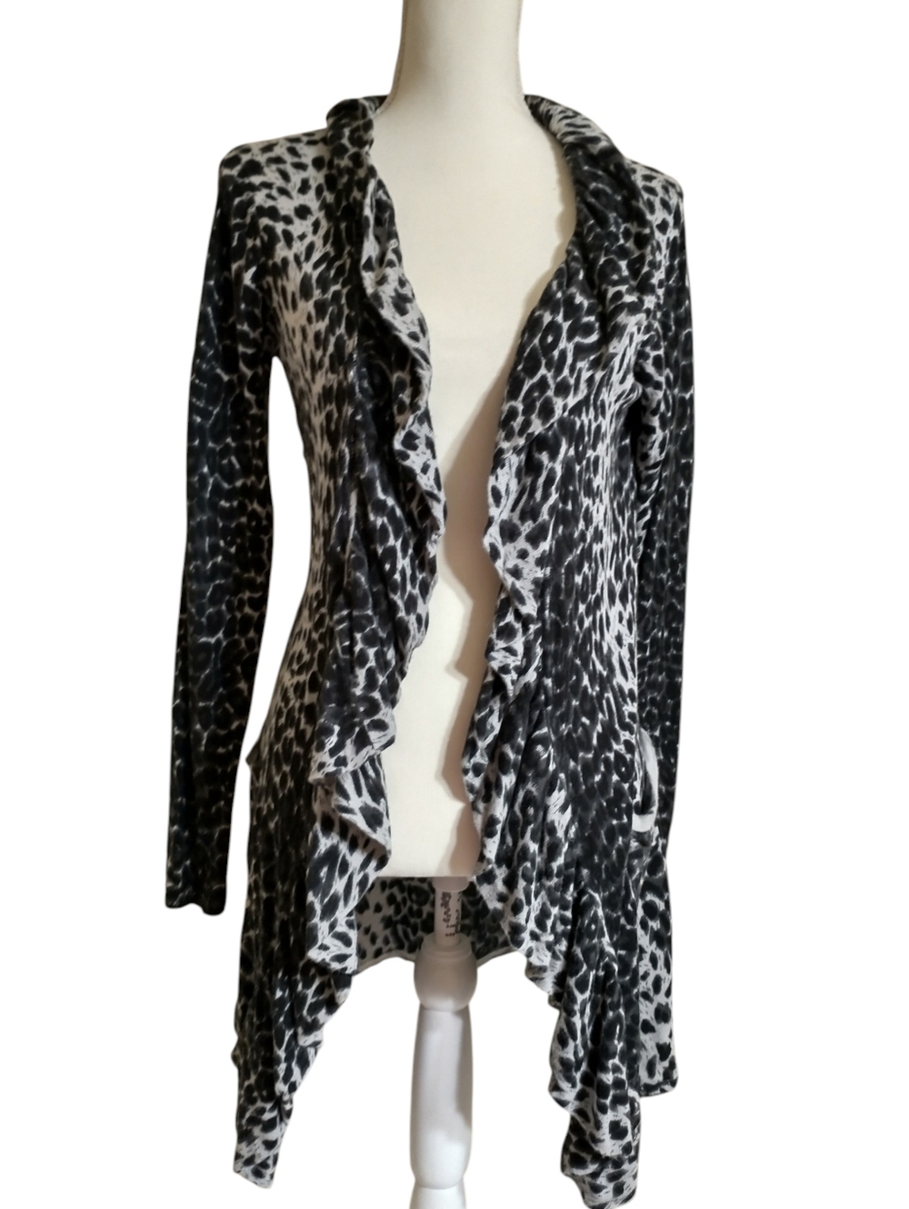 Ruffled Open-Front Leopard Print Cardigan - Black & Gray